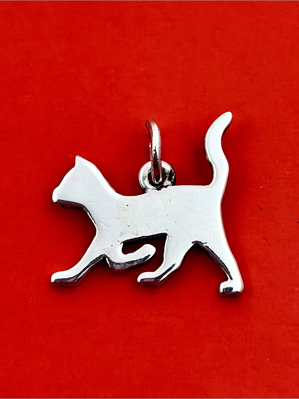 James Avery Silver Cat Charm Pendant - Silver on Red